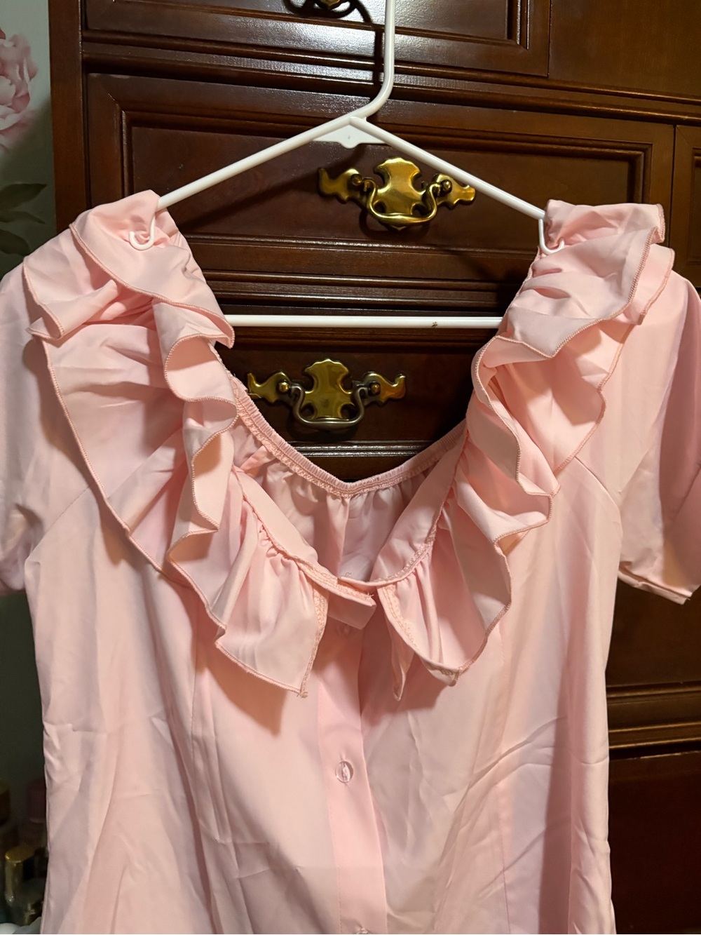 Ladies' Ruffled Collar Button-Front Top - Light Pink - Picture 2 of 2